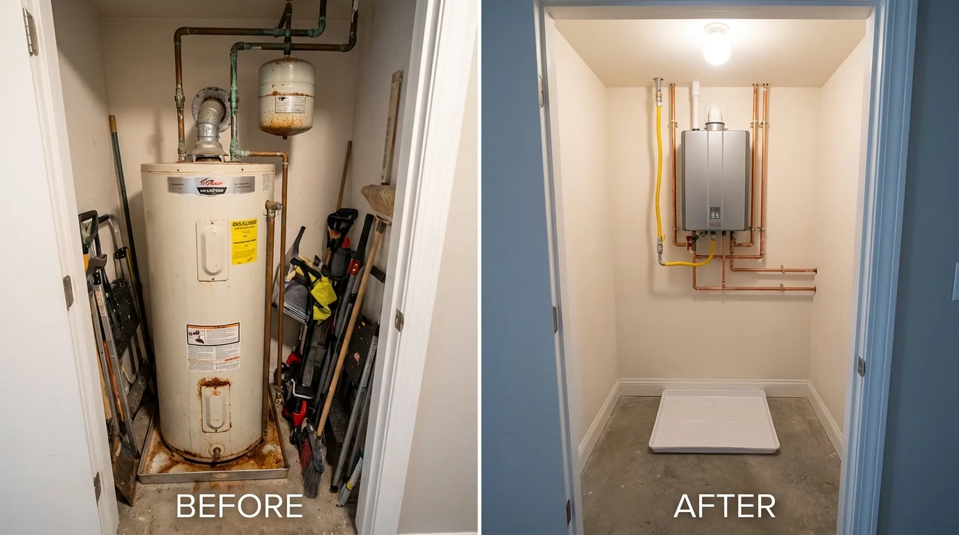 Tank water heater versus wall-mounted tankless unit comparison for Rosharon, TX homeowners