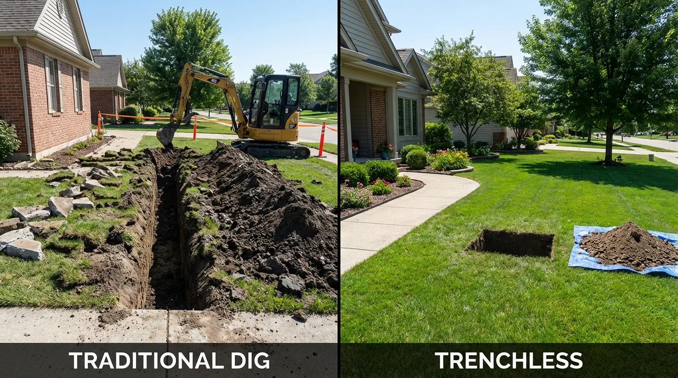 Trenchless sewer repair with minimal yard damage versus traditional excavation in Rosharon, TX